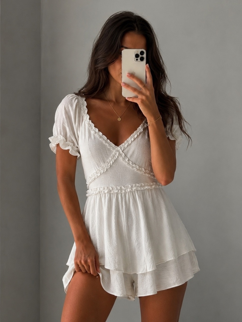 Inspired Hearts White Ruffle V-Neck Puff Sleeve Romper M